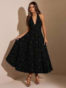 Elegante vestido de fiesta de mujer de satén jacquard con escote halter y lazo, apto para uso diario, citas, salidas, discoteca, fiesta, estilo princesa con acento de lazo, vestido de otoño, disfraz de Halloween - Negro 2 - Ver 5