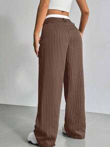 Pantalones anchos de mujer con pliegues y rayas, con cintura de bloques de color para otoño/invierno - Marrón - Ver 2