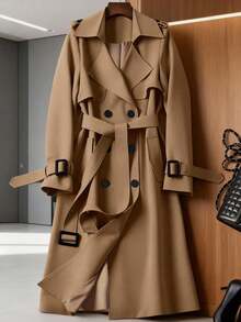 Abrigo de mujer versátil y elegante para otoño/invierno, abrigo largo de trench casual y de moda para ir al trabajo, abrigo midi de estilo británico para primavera - Caqui oscuro - Ver 3