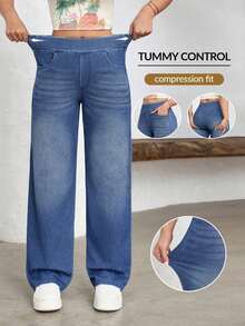 FlexDen Pantalones vaqueros de pierna ancha, estilo casual deportivo, con elástico para mujer - Azul lavado oscuro - Ver 1