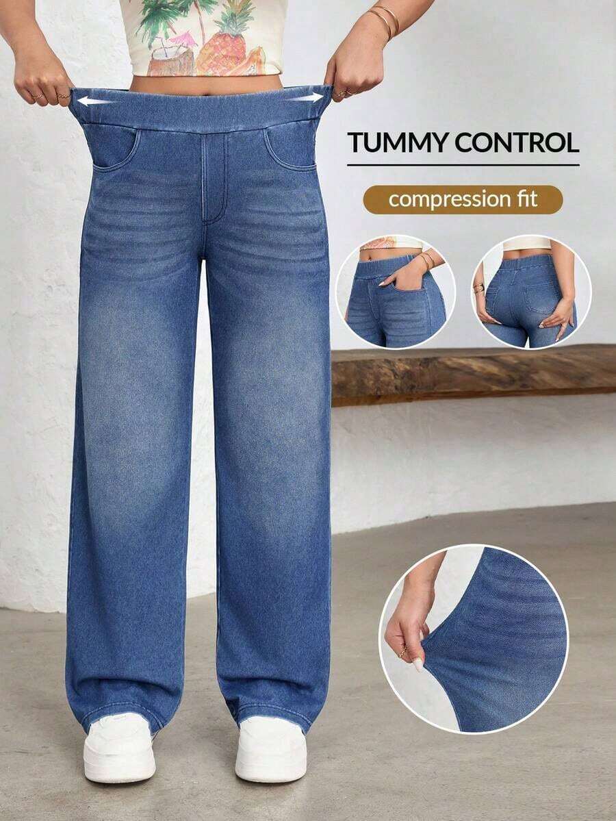 FlexDen Pantalones vaqueros de pierna ancha, estilo casual deportivo, con elástico para mujer - Azul lavado oscuro - Ver 1