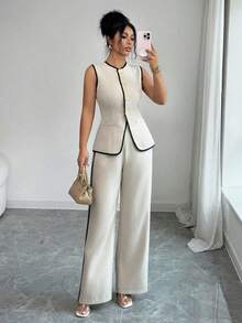 Traje casual/de trabajo elegante de mujer con decoración de botones florales - Albaricoque - Ver 6