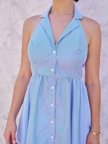 Vestido mini casual de mujer de cuello convertible y abotonado con rayas - Azul y blanco - Ver 5