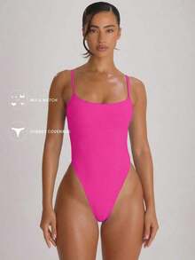 Resort Traje de baño con cuello recto, tirantes y corte alto en la pierna, tipo cheeky.Traje de baño básico unicolor para vacaciones, verano y viajes a la playa. - Rosa Fucsia - Ver 6