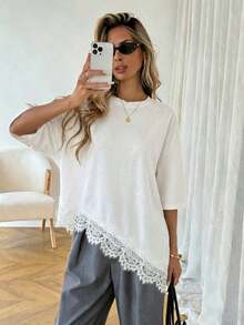 Camiseta casual de mujer con dobladillo asimétrico de encaje de unicolor, uso versátil diario, parte superior de ocio de primavera/verano, adecuada para vacaciones, verano, primavera, vacaciones de primavera y diversas ocasiones, incluyendo vestido de playa, camisa casual, ropa exterior y parte superior de verano.Marrón - Blanco 2 - Ver 8