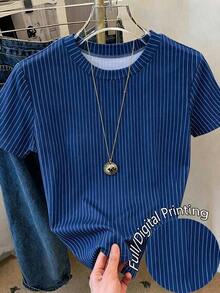 Camiseta de manga corta de cuello redondo a rayas para mujer, de uso versátil y casual para uso diario - Multicolor 4 - Ver 5
