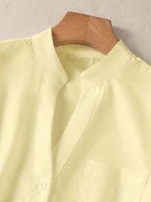 Camisa de mujer de unicolor con cuello en V y botones - Blusa casual y elegante de manga larga con detalle de bolsillo, adecuada para vacaciones, viajes y uso diario, artículo esencial para primavera, verano, otoño e invierno - Albaricoque - Ver 6