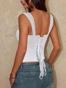 Top corto sexy con espalda descubierta, de corpiño elegante tipo corsé con lunares y tirantes anchos, ideal para Halloween/Rave en verano - Blanco - Ver 2