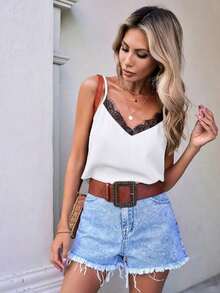 Camiseta de verano para mujer con estampado de leopardo marrón, de estilo minimalista, retro y elegante, versátil para uso diario o vacaciones.Camiseta de mujer con escote en V y encaje de contraste a la moda - Blanco y Negro - Ver 8