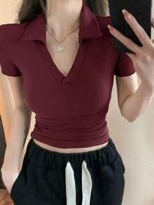 Camiseta polo de manga corta de ajuste ceñido para mujer, unicolor de verano - Burdeos - Ver 4