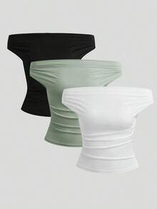 Parte superior sencilla de diseño con hombros descubiertos de unicolor, uso casual diario para mujeres - Multicolor 9 - Ver 7