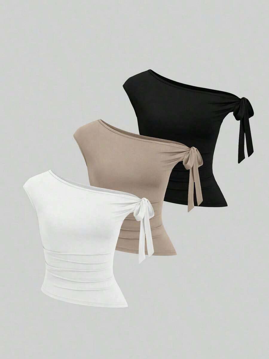 Sweetro Conjunto de 3 piezas para mujer con parte superior de unicolor y cuello asimétrico, cómodo y de moda, adecuado para el verano - Multicolor 9 - Ver 1