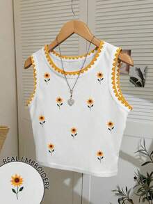 4 piezas Camiseta de mujer con cuello redondo bordada con pimiento picante y limón - Blanco 3 - Ver 1