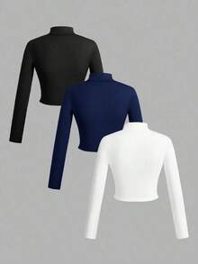 Set de 3 camisetas de manga larga con cuello en V, cremallera y ajuste ceñido, de estilo casual para otoño/invierno para mujer, en colores blanco + negro + gris - Azul marino - Ver 2