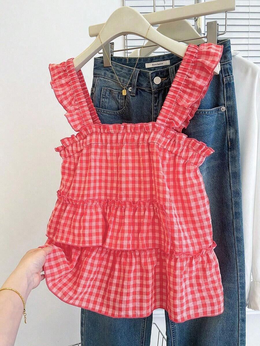 Top sin mangas a cuadros casuales para mujer, verano - Rojo - Ver 1