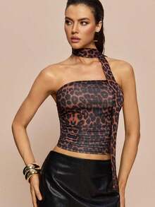 Top de bandeau fruncida con estampado de leopardo y bufanda - Café integral 2 - Ver 3