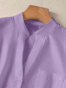 Camisa de mujer de unicolor con cuello en V y botones - Blusa casual y elegante de manga larga con detalle de bolsillo, adecuada para vacaciones, viajes y uso diario, artículo esencial para primavera, verano, otoño e invierno - Púrpura malva - Ver 6
