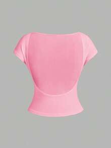 4 piezas Camisetas de mujer de cuello redondo, ajustadas, con espalda descubierta y diseño minimalista de patrones, adecuadas para el verano - Multicolor 19 - Ver 3