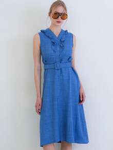 Women's Solid V-Neck Casual Party & Travel Mid-Length Dress - Blue - View 4