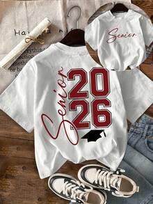 Camiseta de Graduación para Mujer 2026 - Diseño con Letras 'Senior' y Número 26, Cuello Redondo, Manga Corta, Estilo Casual con Estampado en Rojo, Camiseta Ligera de Verano para Estudiantes de Último Año de Secundaria o Universidad, Ropa de Graduación| Camiseta con Diseño Divertido| Camiseta Y2k de ajuste cómodo - Blanco - Ver 10