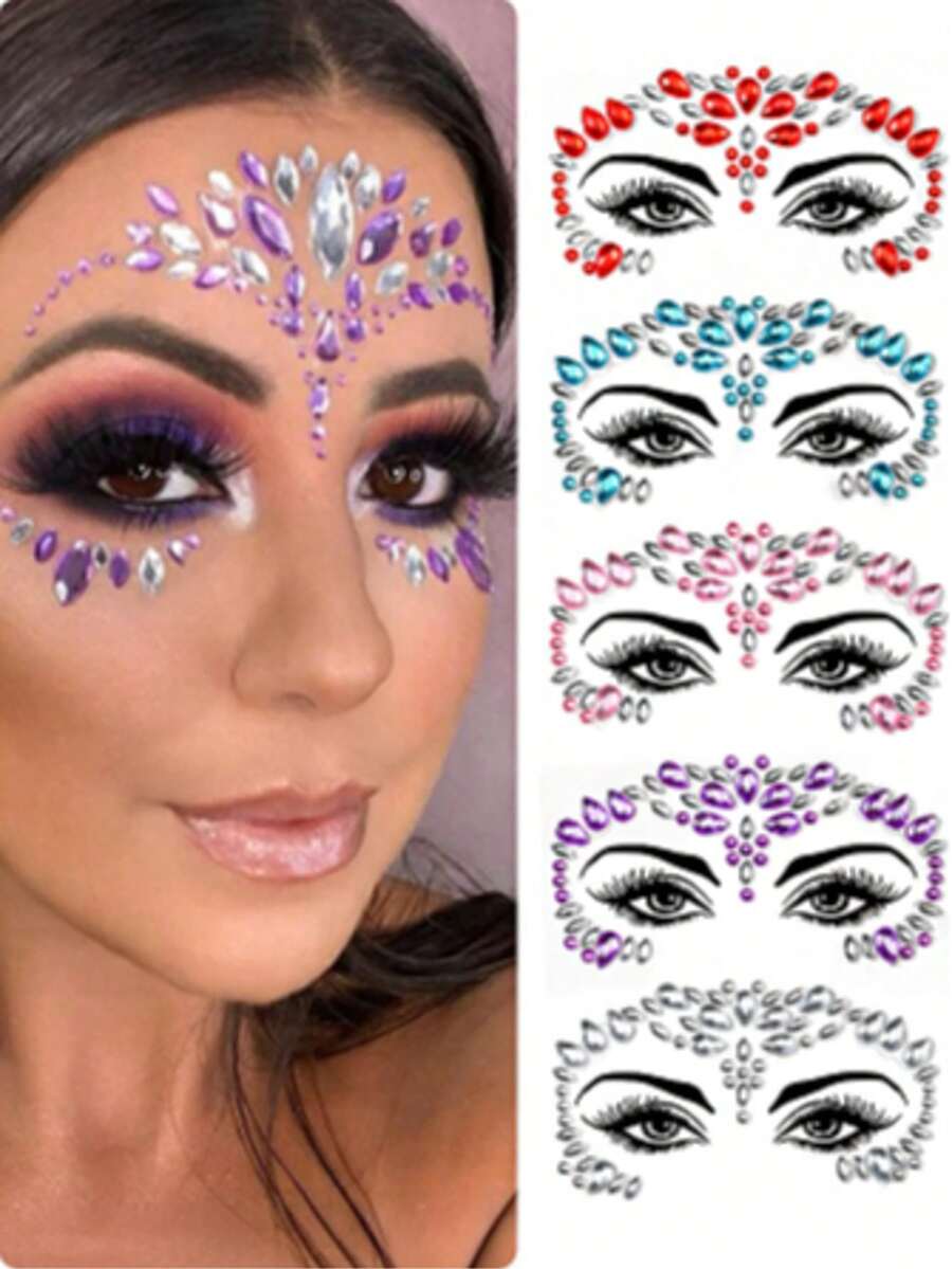 6 colores de gemas faciales autoadhesivas, cristales de acrílico para joyas faciales, coloridos cristales de frente para ojos para maquillaje de mascarada, rave y festival - Multicolor - Ver 1
