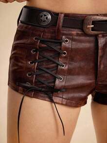 Pantalones cortos de tiro bajo con estampado animal de piel sintética de parche de estilo hippie vintage "Millennium Babe" para mujeres - Marrón 2 - Ver 10