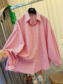 Women's Blue & White Striped Shirt, Loose Fit, Tie Back Design, Suitable For Commuting, Casual Wear, Beach, Vacation - Big Red - View 2