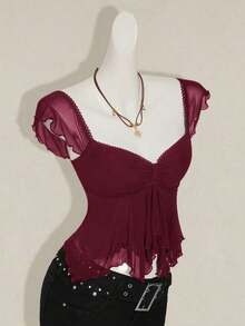 Top sin mangas con volantes, escote con pliegues, ajuste ceñido, parches de malla sexy, espalda con lazo, top casual de vacaciones - Burdeos - Ver 3