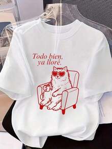 1pscCamiseta de gato divertida y conmovedora para mujer de talla grande - Parte superior de cuello redondo con estampado de gatito lindo, adecuada para amantes de los gatos - Uso casual y eventos temáticos (lavable a máquina) Blanco Verano100%cotton100% Cotton100% Cotton100% Cotton - Blanco - Ver 6