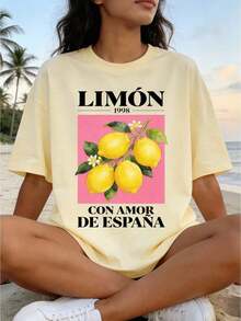 Women's Loose-Fitting Summer T-Shirt With Letter And Lemon Fruit Print, Off-The-Shoulder, Short Sleeve, Round Neck, Urban Vintage Style, Unisex, Cotton, Short Sleeve, Round Neck, Blouses For Women, Women's T-Shirts, Casual Blouses For Ladies. - 杏色 - 查看 4