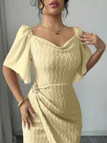 xheModelyn Vestido elegante ajustado con cuello de volantes, mangas de pétalos y hebilla metálica de bloque de color para mujer, primavera/veranoxhe - Amarillo - Ver 8
