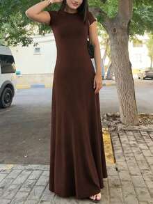 Vestido ajustado de cintura sólido para vacaciones y viajes casuales de verano para mujer - Café integral - Ver 5