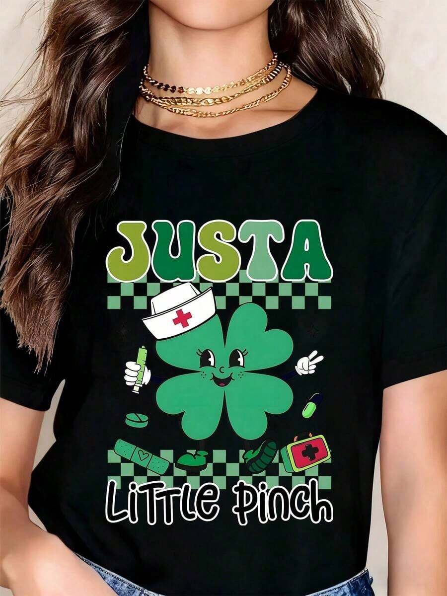 Cute Vintage Nurse T-Shirt With Shamrock, St. Patrick's Day "Just A Little Touch" T-Shirt For Women And Girls, Fun Festive Costume, TopFashion - 黑色 - 查看 1