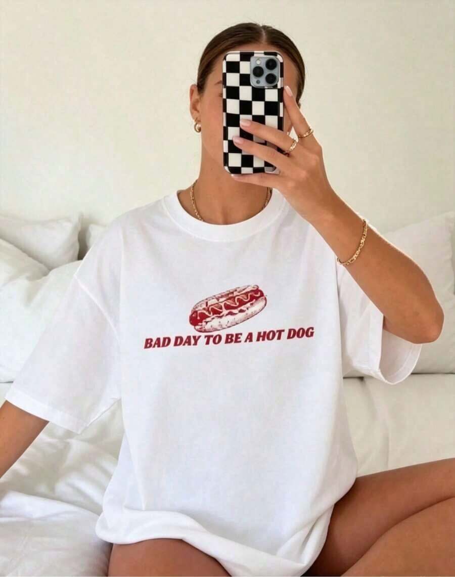 Women's Clothing Oversized Pure Cotton T-Shirt With Fun Print, Retro "Bad Day To Be A Hot Dog" T-Shirt, 4th Of July T-Shirt, Independence Day T-Shirt, Summer Outfits For Women, Vacation And Beach Clothes, Streetwear Style Y2K - 白色 - 查看 1