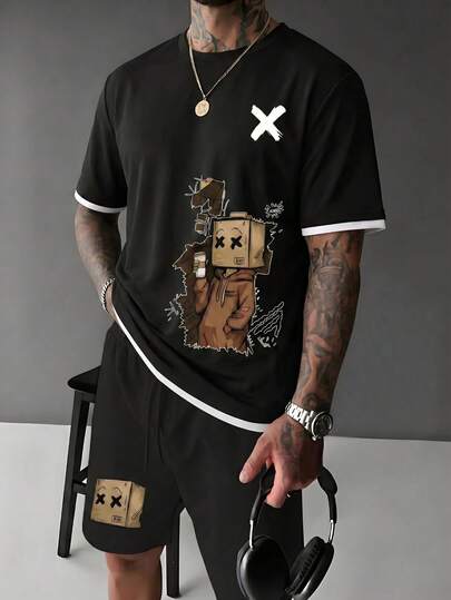  FRACTYR Men's Black & White Contrast Trim Crew Neck T-Shirt And Drawstring Shorts Set, Summer Sports Casual 2-Piece, Comfortable & Breathable, Suitable For Summer Wear