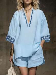 Conjunto de 2 piezas nuevo para mujer, estilo boho, de lino, estampado, cuello V, manga corta, short, perfecto para playa, vacaciones y looks de verano - azul cielo - Ver 7