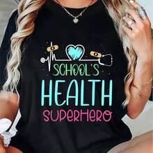 Thematic Nurse "Health Hero" T-Shirt - clothes, Round Neck, Shclothest Sleeve, Graphic T-Shirt with Vivid Illustrations, Perfect fclothes Casual Use, Daily Wear Playful clothes T-Shirt with Graphic Print. - Negro - Ver 1
