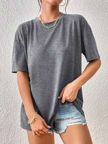 Camiseta de hombros caídos de color sólido - Gris - Ver 4
