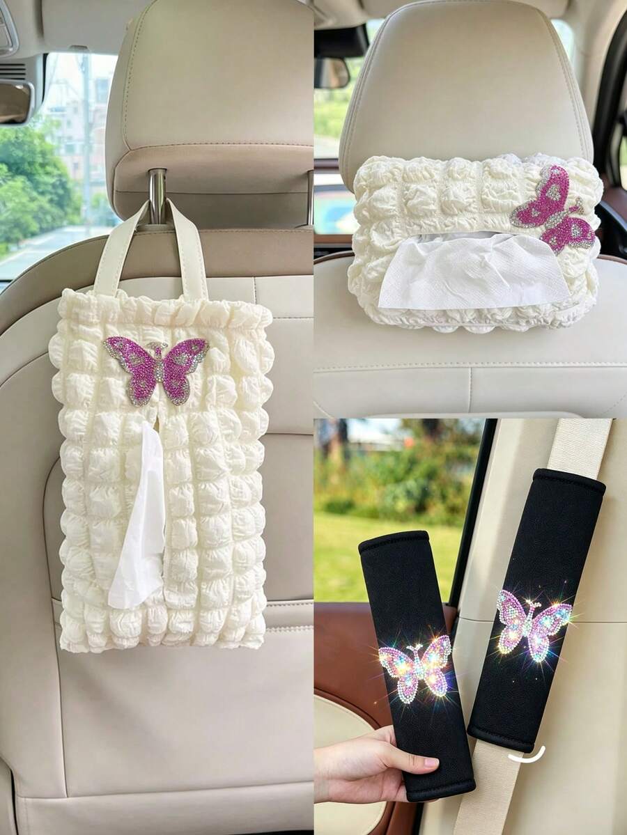 Hộp đựng khăn giấy ô tô, hộp đựng khăn giấy hình bướm đính đá, miếng đệm vai dây an toàn, hộp đựng đồ phía sau ghế xe, dành cho nữ. - A - Xem 1