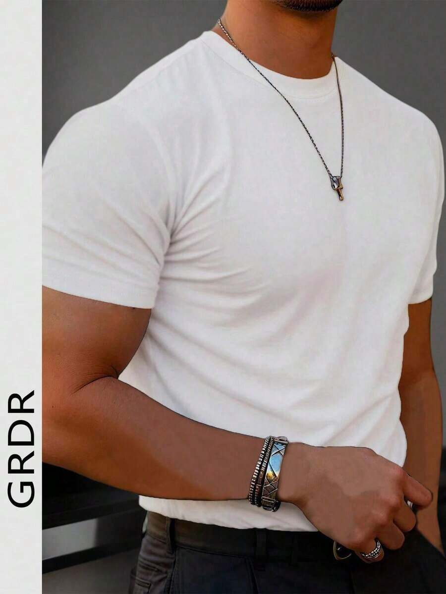 Camiseta Casual de Manga Corta Básica de Color Sólido y a la Moda para Hombre GRDR - Blanco - Ver 1