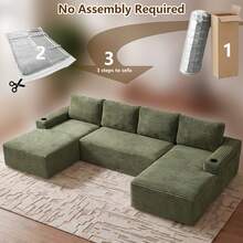 133.4'' U-Shape Modular Cloud Corduroy Sofa Sectional Couch For Living Room Boneless Couch With Cup Holders & Storage Pockets No Assembly Needed,Boneless Sectional Couch Loveseat Couch Vacuum-Sealed Compression Sofa - Màu xanh lá cây, hình chữ U, dài 133,4 inch. - Xem 8