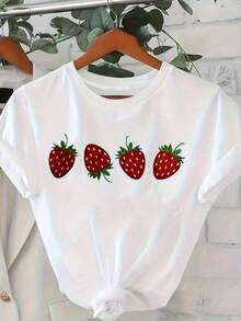 Gift: Women's Lightweight Graphic Tees, Short-Sleeved, Casual Style, With A Red Strawberry Print, Crew Neck, Comfortable For Everyday Wear In All Seasons, Cute Blouse, Casual Short-Sleeved Top With A Crew Neck, Soft And Breathable Knit Fabric, Machine Washable, Comfortable Everyday Wear Suitable For Spring, Summer, Autumn And Winter, 100% Cotton, A Popular Choice. Soft - 白色的 - 查看 6