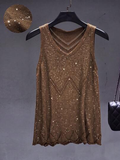 Women's Bronze Sequin V-Neck Knit Tank Top, Hollow Out Sleeveless Sparkly Knitted Vest, Loose Casual Summer Top