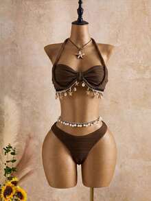 Conjunto de tankini de mujer con tirantes finos, patrón de onda beige con decoración de concha marina y estrella, para primavera/verano/otoño, conjunto de ropa de vacaciones para mujer, traje de baño de bikini con cobertura, conjunto de ropa de v - Café integral - Ver 4