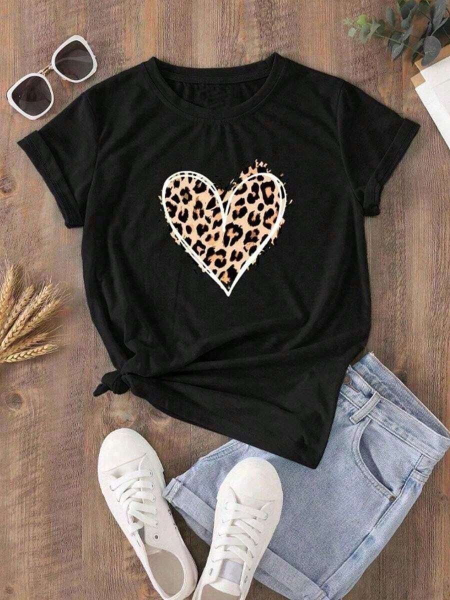 Camisa con estampado de letras para mujer Camiseta casual suelta con estampado gráfico Camiseta de mujer nueva para verano, estilo dulce y picante, estampado de leopardo con corazón, camiseta de manga corta, estilo relajado y personalidad, ins . . . Puro Algodón - Negro - Ver 1