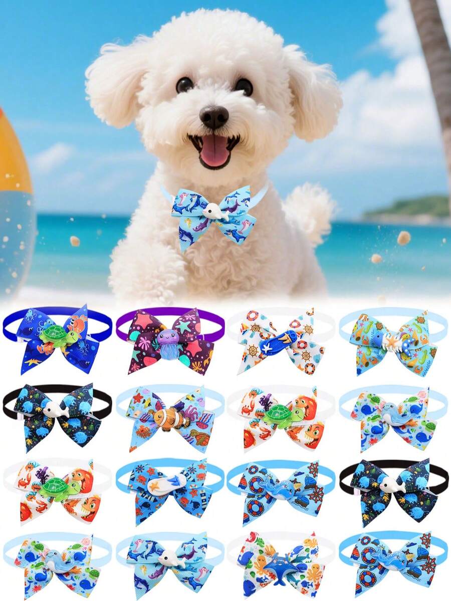 2/10PCS Ocean Wind Satin Fabric Pet Tie, Adjustable Decoration, Turtle/Dolphin/Clownfish/Whale/Slippers/Devil Fish/Fish Bones/Jellyfish Multiple Pattern Accessories Decoration Matching, Pet Decoration Supplies, Universal For Cats And Dogs, Cat And Dog Summer Travel Party Holiday Decoration Collar, Perfect Summer Pet Decoration Gift! - Multicolor - View 1
