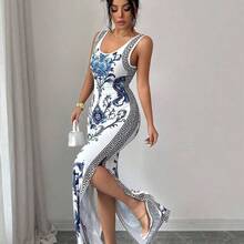 Elenzya Exquisite Printed Chinoiserie Waist-Cinching Slit Luxurious Retro Middle Eastern UAE Style Robe, Tight Fit, Multi-Color, Sleeveless, High-Quality Material Luxury Dresses For Women Best Selling Dresses Club Outfits For Women Dress Long Dresses For Women Bodycon Bodycon Dress Women - Multicolor - Ver 4