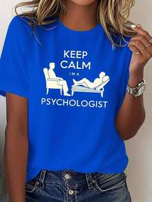 Women's Summer T-Shirts With "KEEP CALM I'M A PSYCHOLOGIST" Print, Solid Color, Comfortable, 100% Cotton. Short Sleeve T-Shirt For Women, Basic Style For Indoor And Outdoor Wear. - 藍色的 - 查看 8