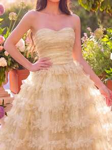 Elegant Glitter Mesh Tie-Up Backless Ruffle Hem Camisole Dress, Suitable For Parties, Galas, Cocktail Events, Birthdays, Wedding Guests, Graduations And More - Apricot - View 5