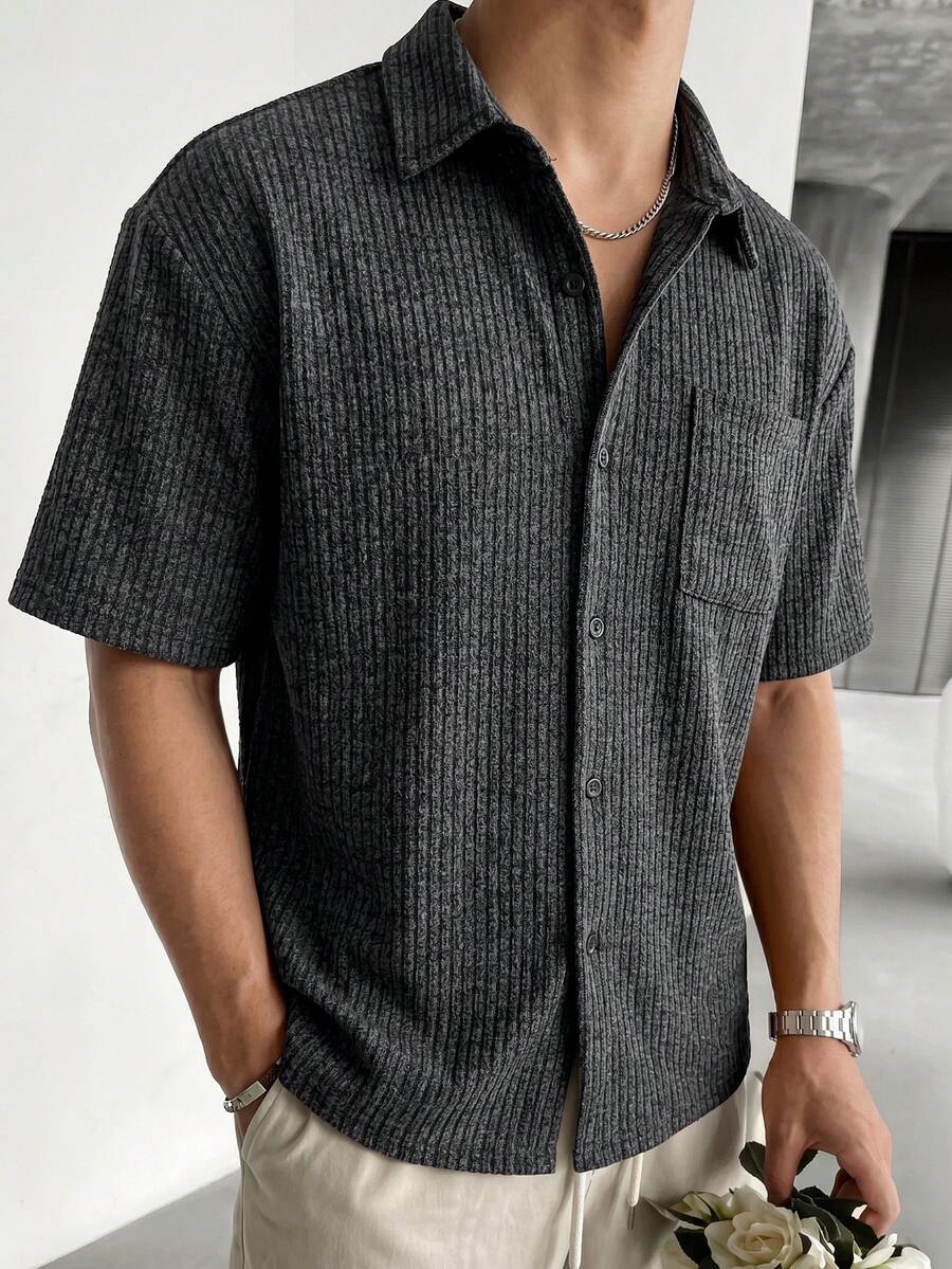 Men's Casual Commuter Ribbed Texture Cuban Collar Shirt - Dark Grey - View 1
